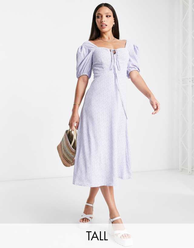 Missguided tie front puff sleeve midi dress in blue ditsy floral