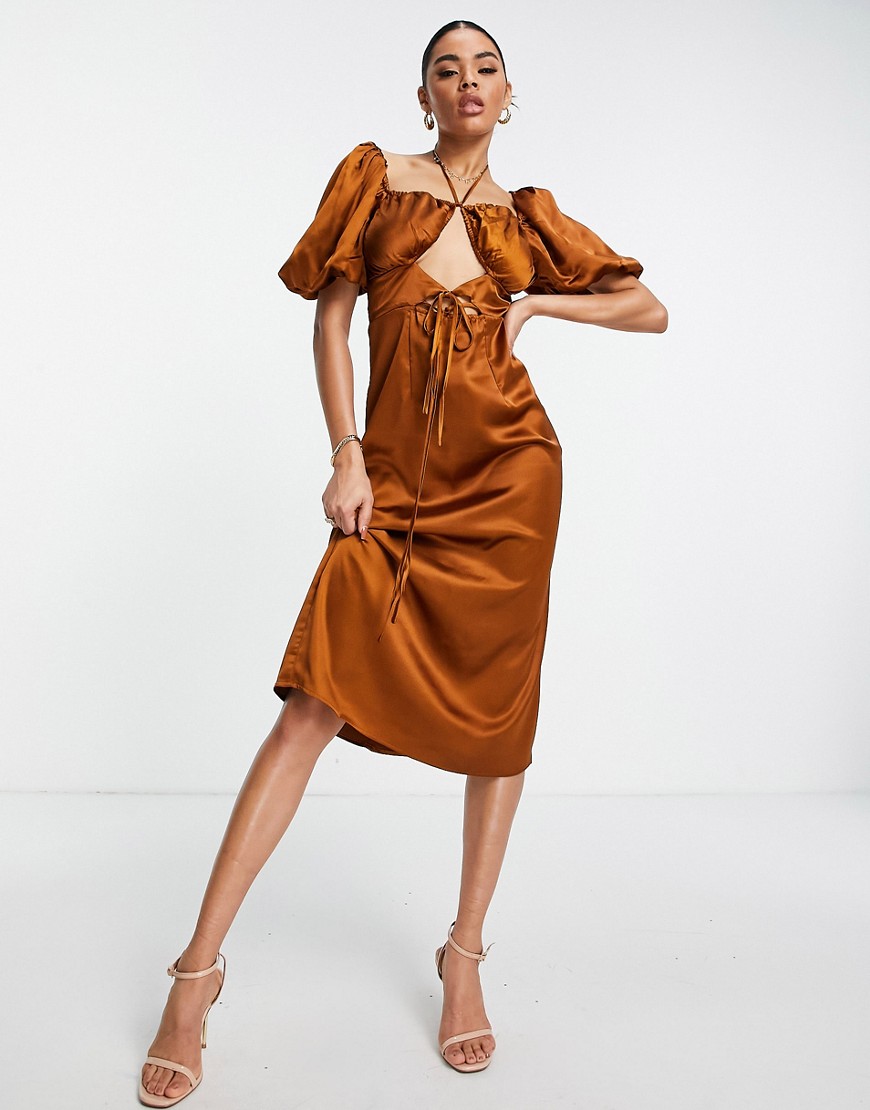Missguided tie front puff sleeve satin midi dress in rust-Brown
