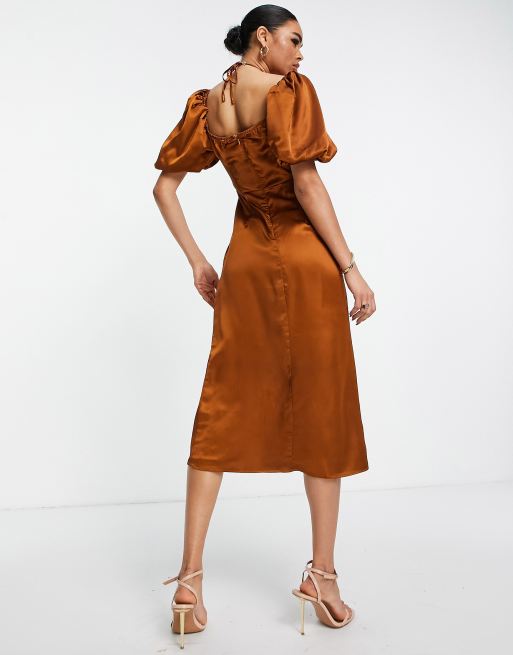 Missguided strappy cowl midi satin dress in rust, ASOS