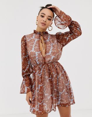 Missguided tie neck chiffon plunge skater dress in multi | ASOS