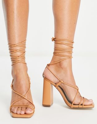 Missguided Missguided tie up block heeled sandal in tan-Neutral