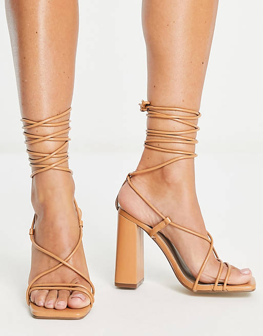 Missguided tie-up block heeled sandal in tan