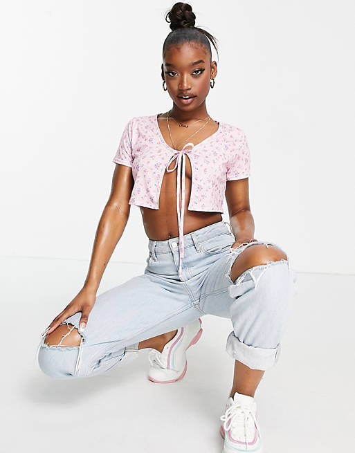 Missguided tie up crop top in pink ditsy floral