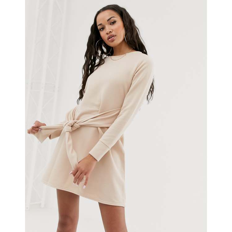 Missguided tie waist sweatshirt dress in beige ASOS