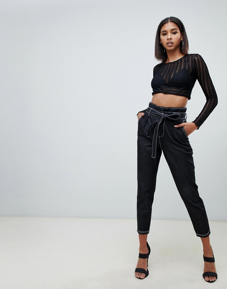 Missguided tie waist trousers with contrast stitch in black