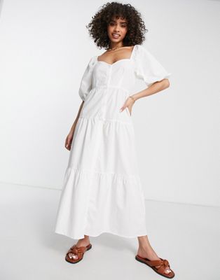 Missguided tiered button through smock dress in white