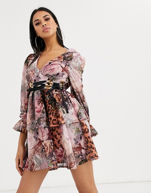 Missguided tiered skater dress with corset detail in floral and leopard mix print