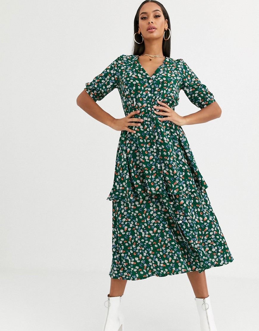 Missguided tiered midi dress in green floral