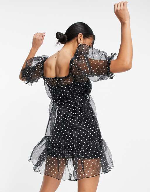 Missguided tiered smock dress in black polka dot ASOS