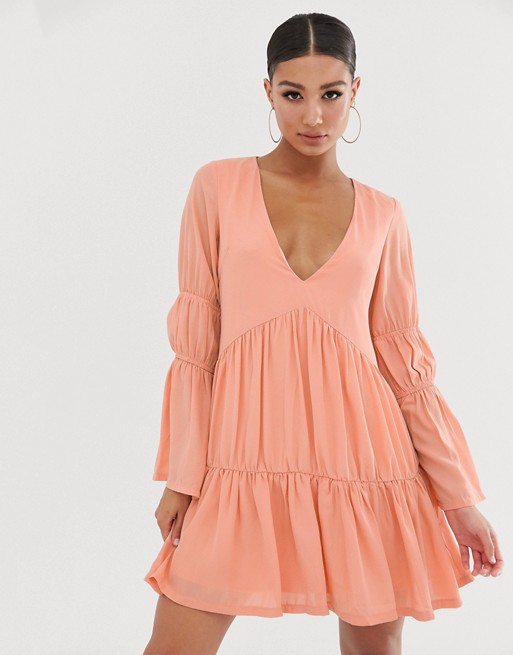 Missguided tiered smock dress in pink