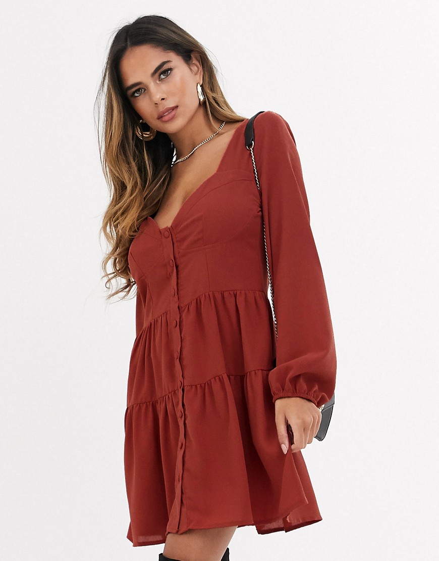 Missguided tiered smock dress in rust-Brown