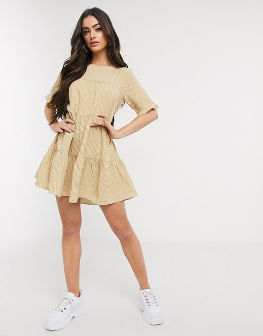 Missguided tiered smock dress in yellow gingham check