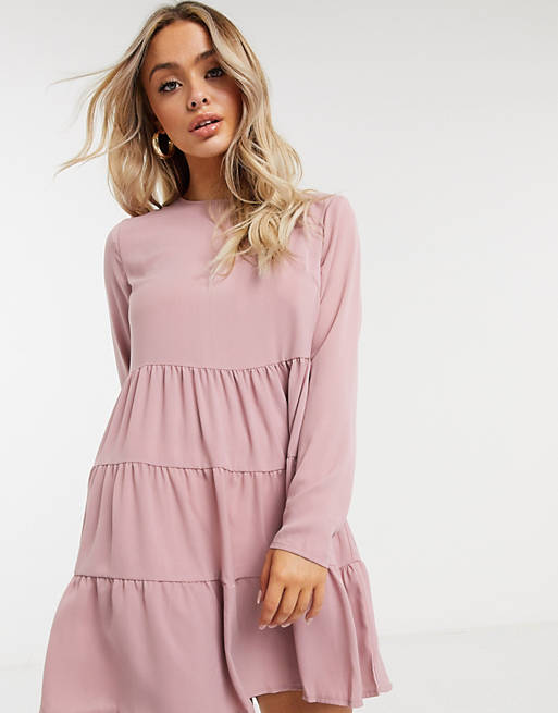 Missguided tiered smock dress with long sleeves in blush
