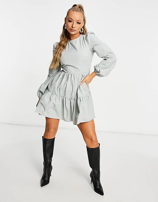 Missguided tiered smock dress with puff sleeves in sage