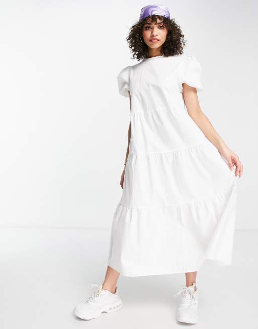 Missguided tiered smock midaxi poplin dress in white | ASOS