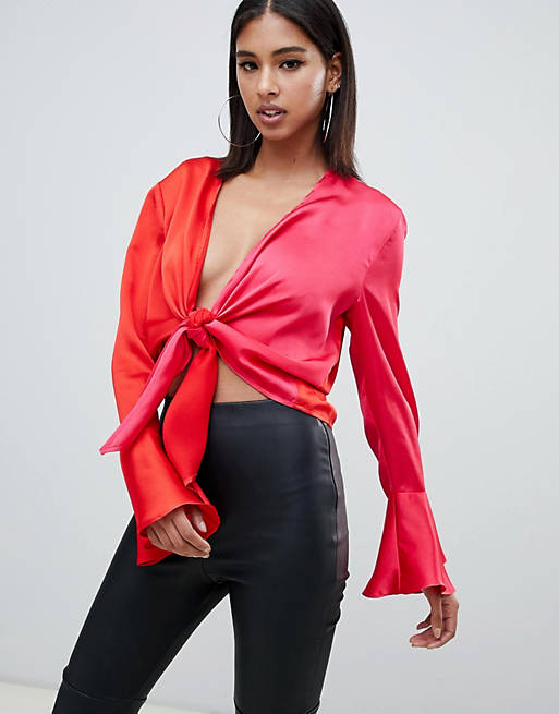 Missguided - to tonet satin bluse binde front | ASOS