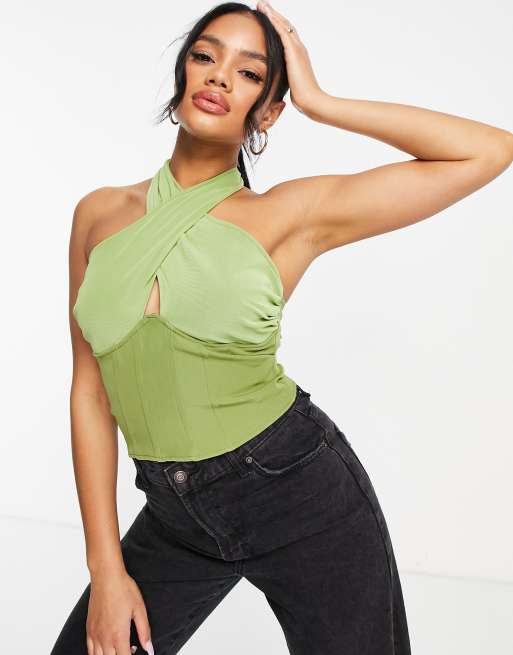 Missguided - Top allacciato al collo con corsetto in rete color salvia