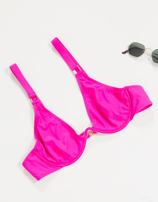 Missguided - Top bikini con ferretto e dettagli in metallo rosa