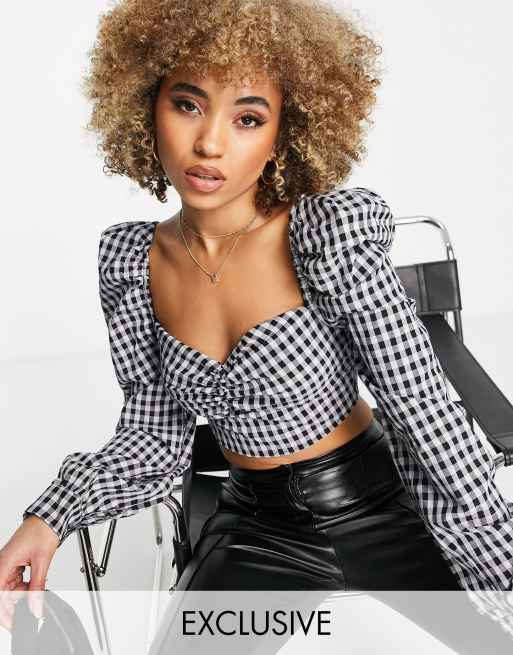 Missguided - Top corsetto con maniche a sbuffo, colore nero a quadretti