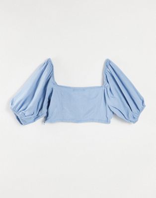 Femme Missguided - Top en chambray à manches volumineuses froncées - Bleu
