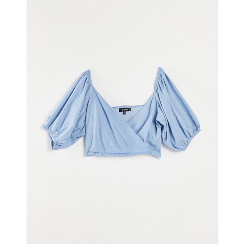 wuja6 Top Missguided - Top in chambray con maniche arricciate voluminose blu
