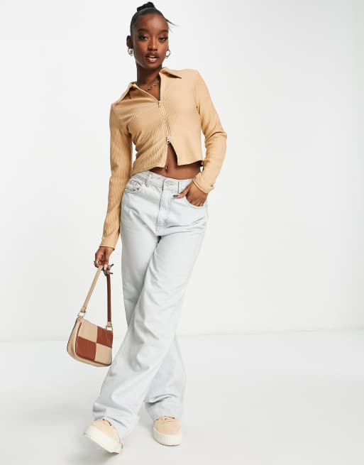 Missguided - Top met lange mouwen, kraag en dubbele rits in camel, 3 van 4