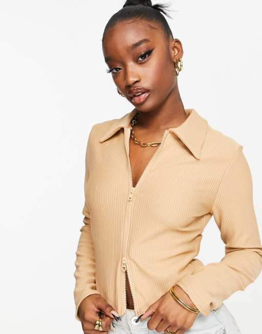 Missguided - Top met lange mouwen, kraag en dubbele rits in camel, 4 van 4