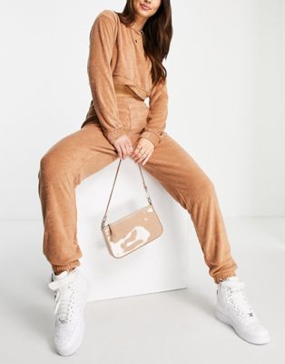 Missguided towelling jogger and cropped sweatshirt two piece set in brown