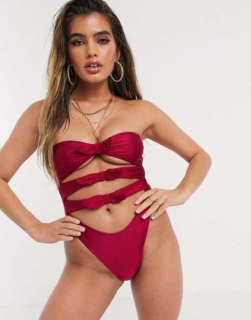 Missguided triple bow cut out swimsuit in burgundy