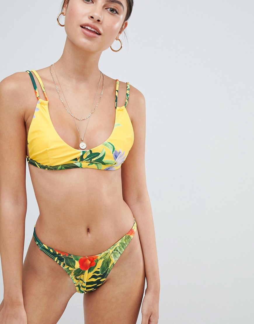 Missguided Tropical Print Thong Bikini Bottoms-Yellow