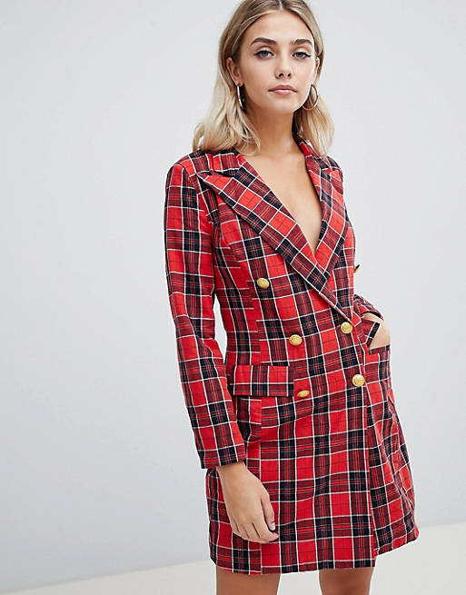 Missguided tux dress with gold buttons in red plaid