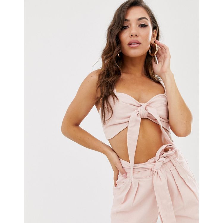 Missguided hammered satin tie front bralette in lime