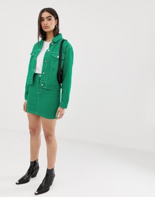 green denim skirt and jacket