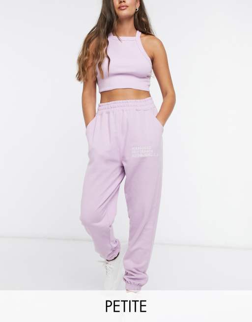 Missguided two-piece Petite oversized embroidered jogger in lilac | ASOS