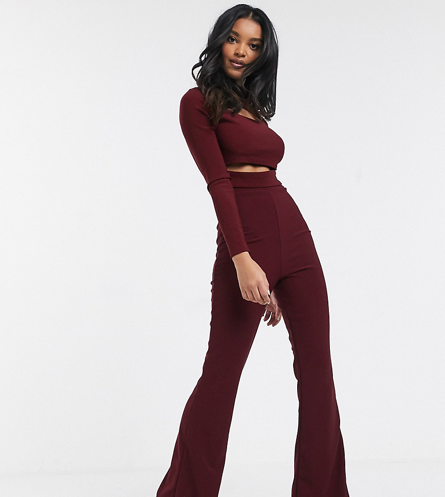 Missguided two-piece ribbed flare pants in burgundy-Red