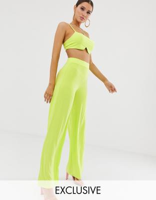 Missguided two-piece slinky wide leg pants in neon lime