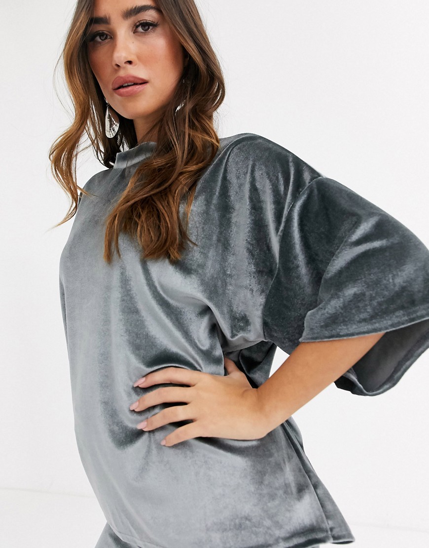 Missguided two-piece velvet t-shirt in gray-Grey