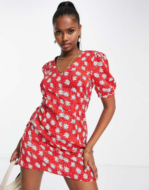 Missguided v front mini dress in red floral spot print ASOS