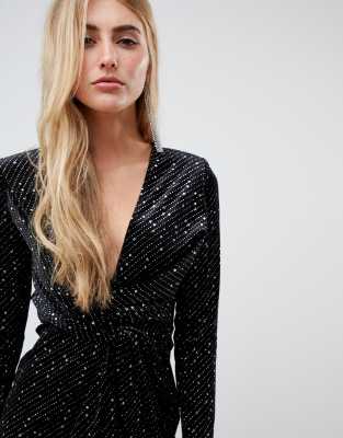 missguided velvet glitter wrap front mini dress in black