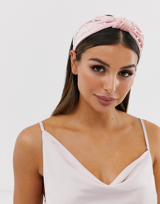 Missguided velvet head band with pearl detail in pink