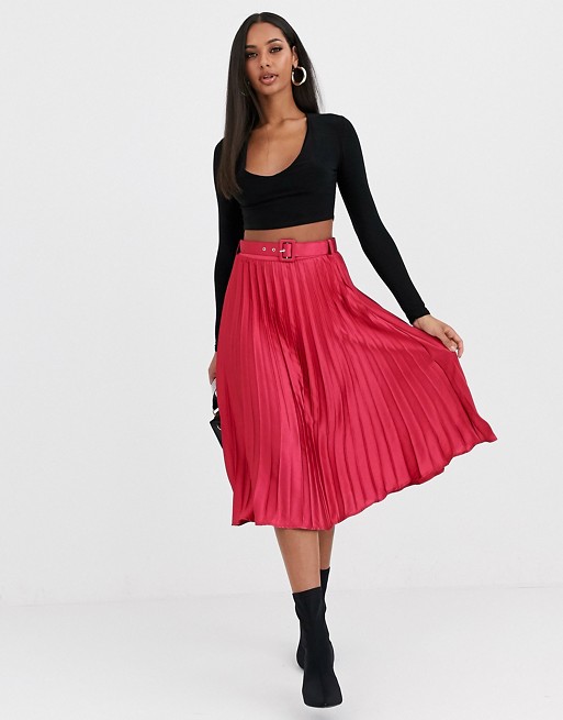 Missguided velvet pleated midi skirt in berry