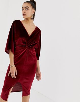 Missguided velvet plunge twist front midi dress in dark red