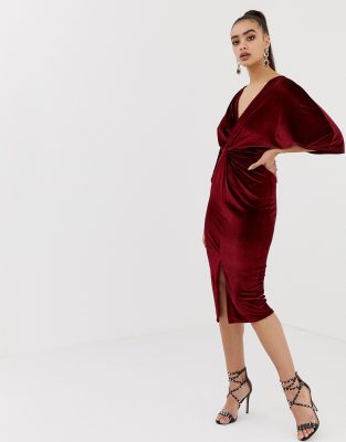 twist front plunge slinky midi dress