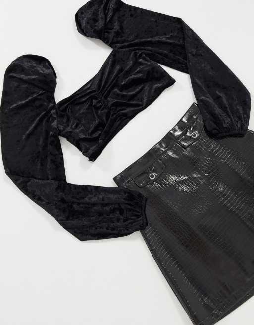 Missguided velvet puff sleeve crop top in black ASOS