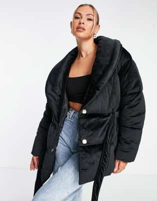 Missguided velvet shawl collar puffer jacket in black