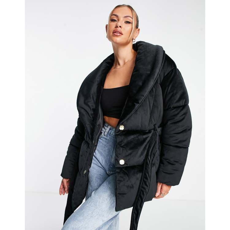 Missguided velvet shawl collar puffer jacket in black ASOS