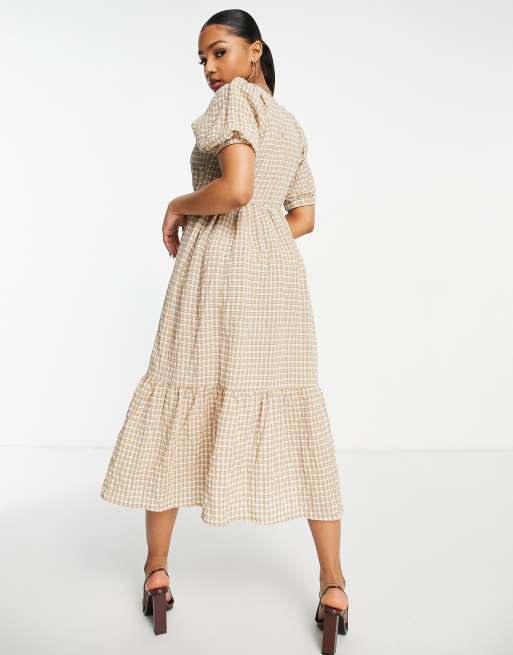 Missguided - Vestito al polpaccio a balze a quadretti color pietra, 2 di 4