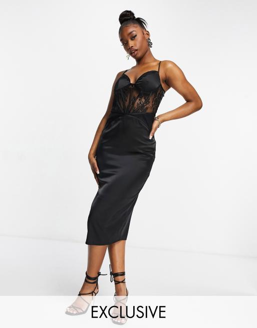 Missguided - Vestito con gonna al polpaccio in raso con inserti in pizzo nero