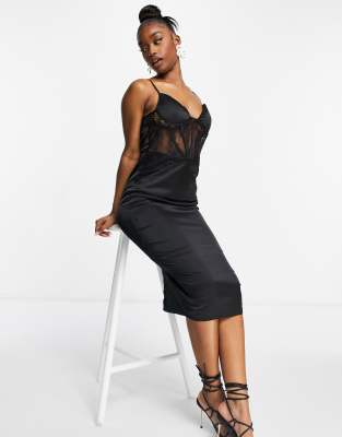 Vestito con gonna al polpaccio in raso con inserti in pizzo nero - Missguided  donna Nero - immagine1