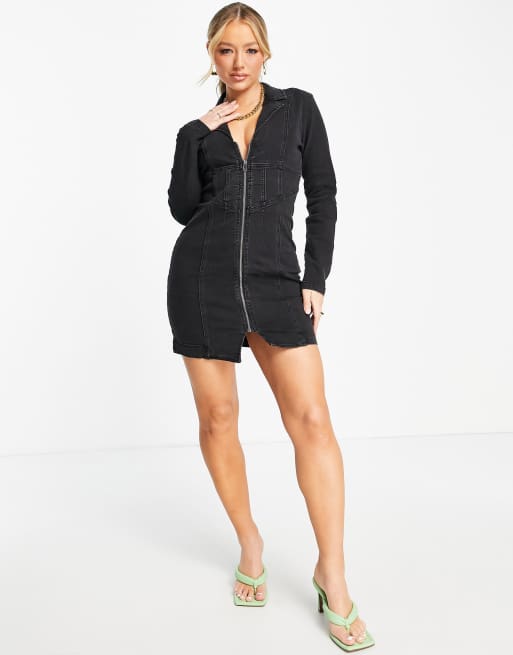 Missguided - Vestito in denim nero con scollo profondo e zip corta